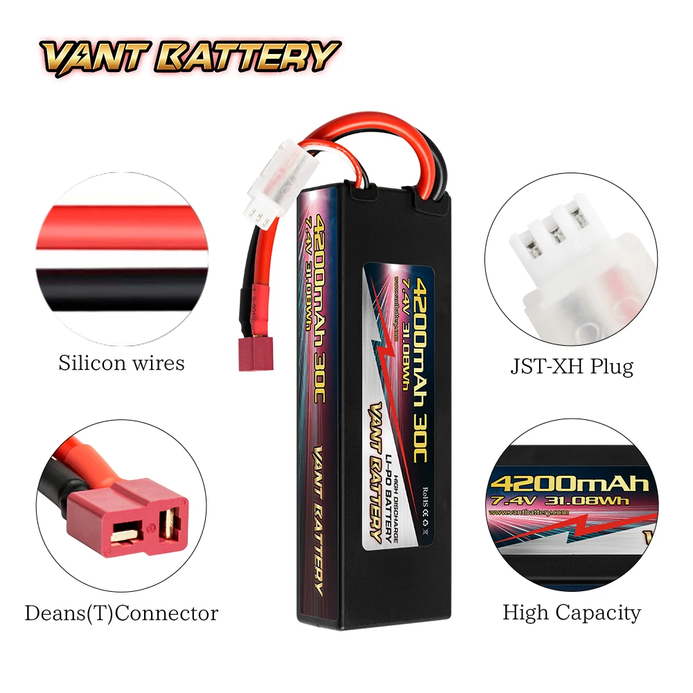 VANT BATTERY 4200mah 30c 7.4V 2S hard case lipo battery with deans plug for rc car