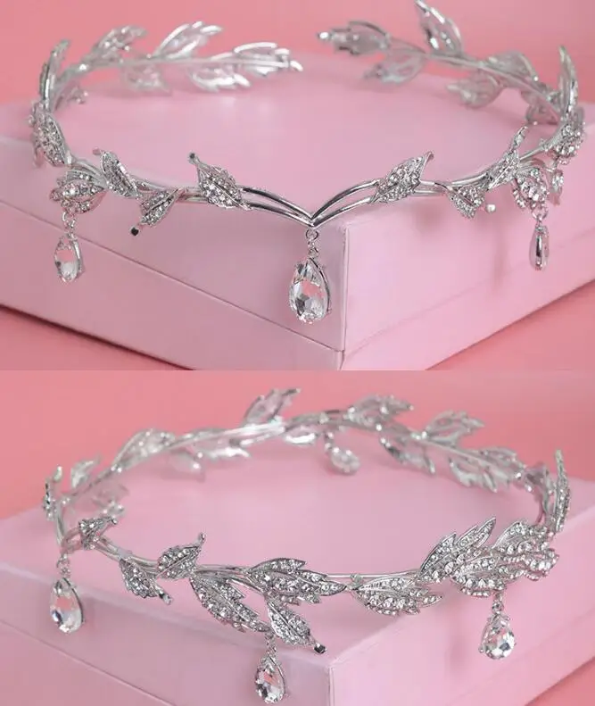 WIIPUCrystal Crown Bridal Hair Accessory Wedding Rhinestone Waterdrop Leaf Tiara Crown Headband Frontlet Bridesmaid Hair Jewelry