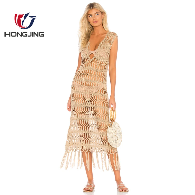 women wear Crochet fabric v-neck pullon constructionTie front closure Fringed leg hem midi calf length nightwear sexy prom dress