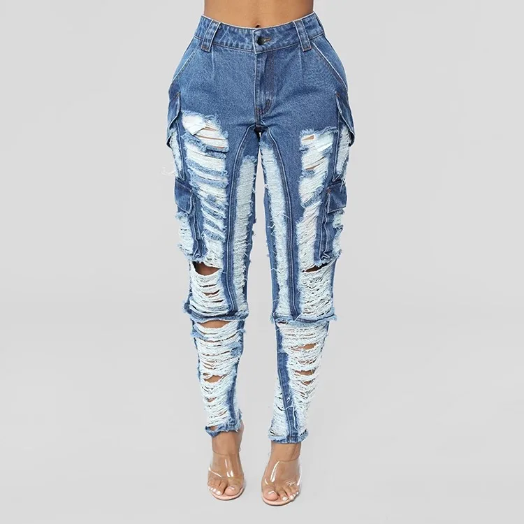 Xuhui Индивидуальные женские брюки большого размера с высокой талией состаренные длинные узкие женские джинсы