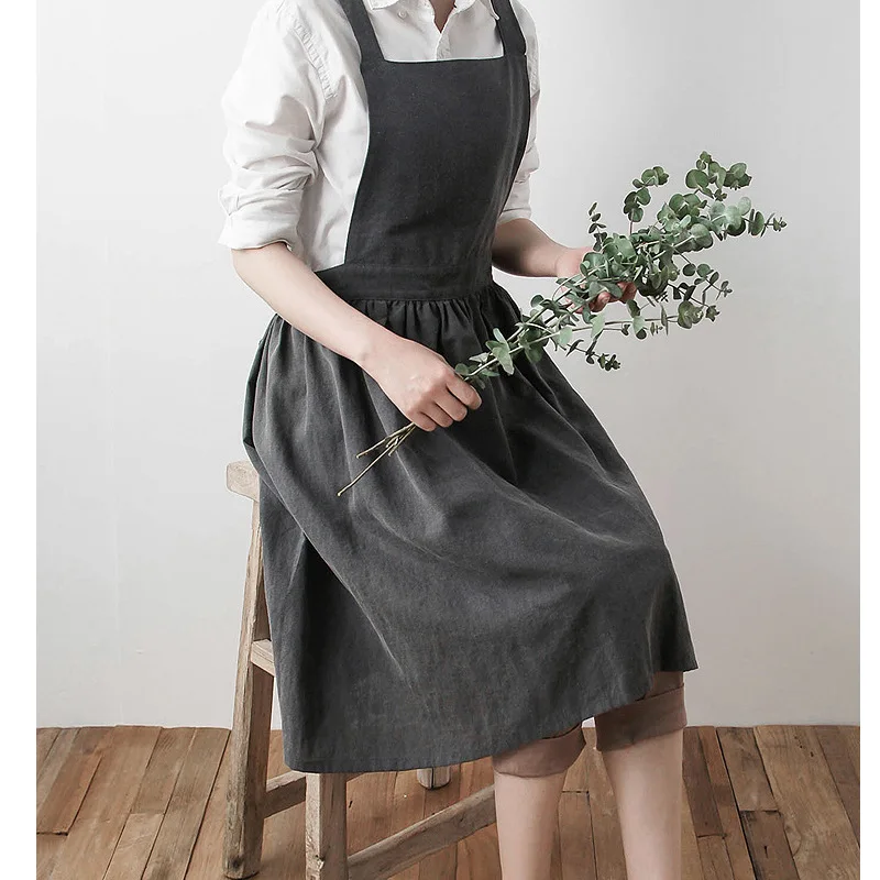 Promotional custom logo cotton and linen dressy apron with ruffle for women