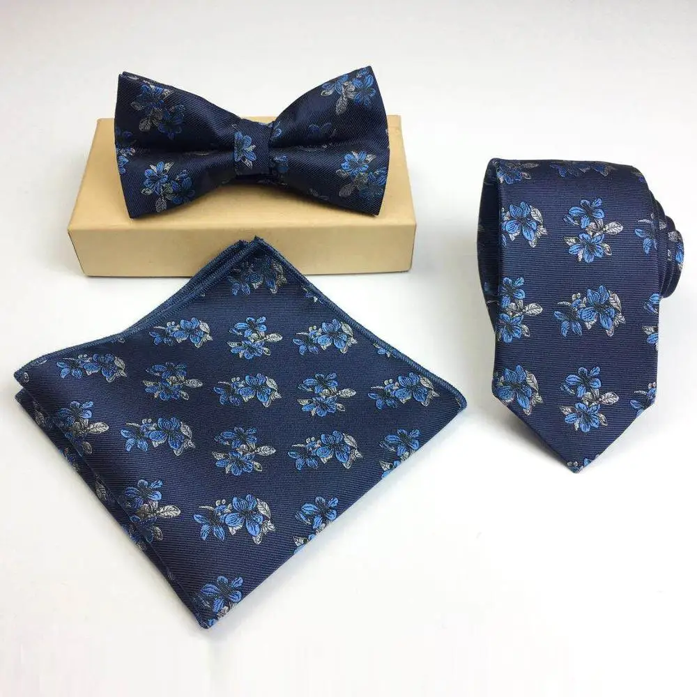 Мужском стиле полиэстровый галстук с цветочным принтом с галстуком-бабочкой и нагрудный платок комплект
