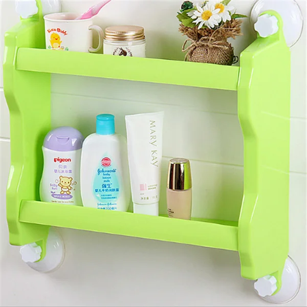 custom new kitchen plastic storage shelf 2 tier rack wall sucker/bathroom shower wall-mounted shelf rack 2 layers sotrage holder
