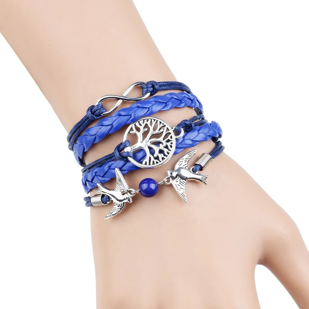 Alloy tree of life charm & birds charm multilayer leather braid bracelet womens fashion leather bracelet
