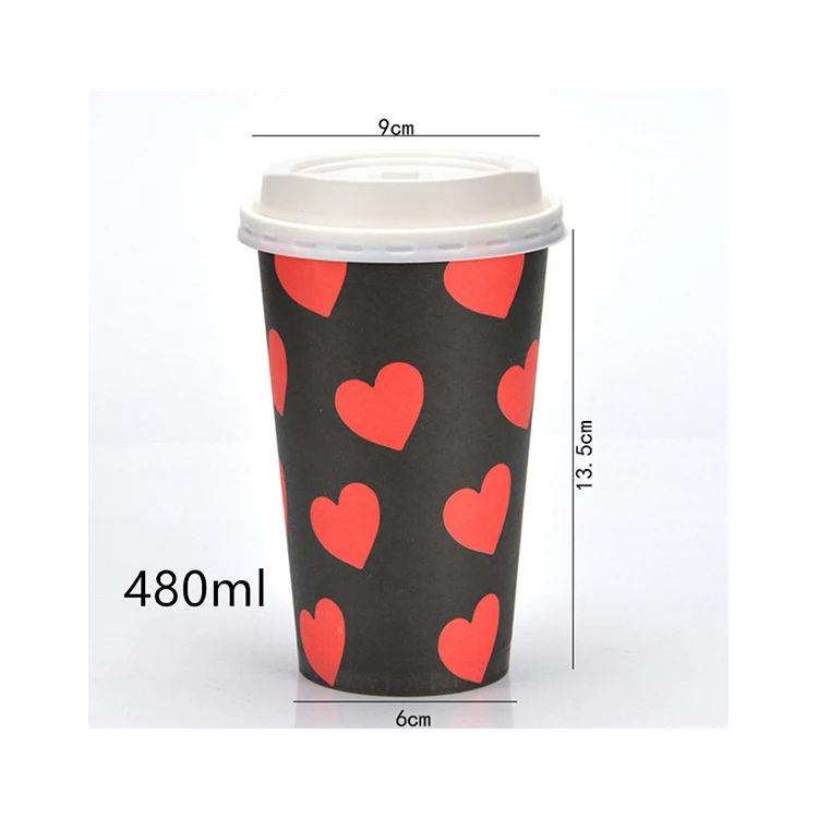 Wholesale disposable red love pattern hot drink packaging paper coffee carton cup with lids