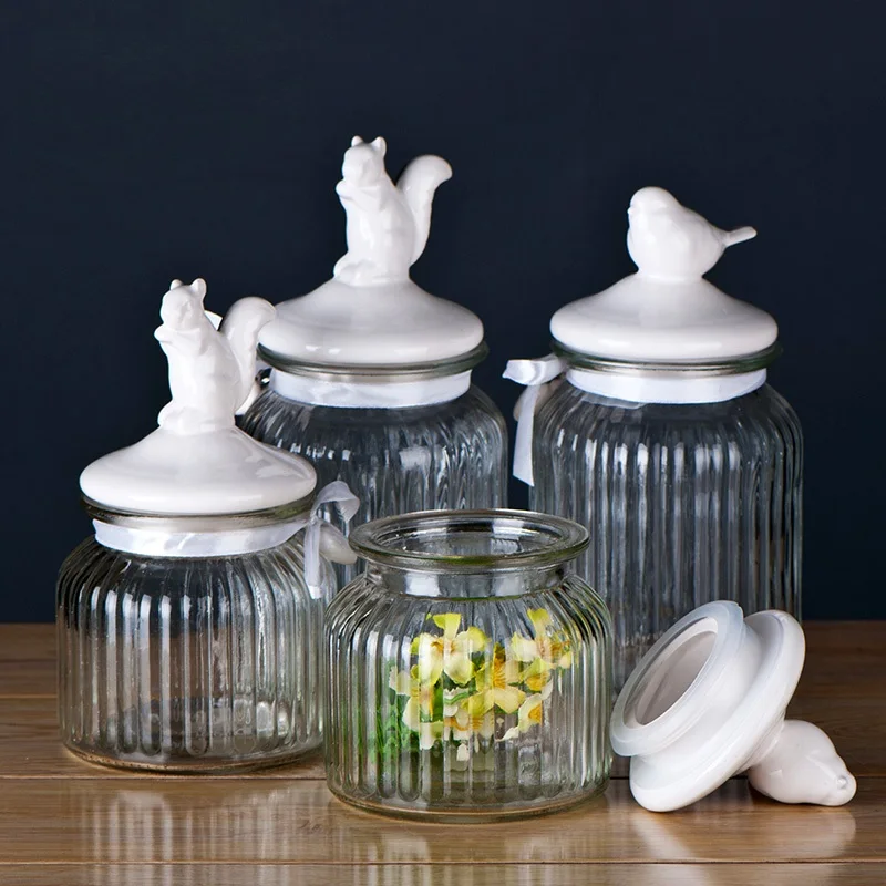 Cookie food storage Clear glass candy jar with creative bird shape/heart shape/bone ceramic lid