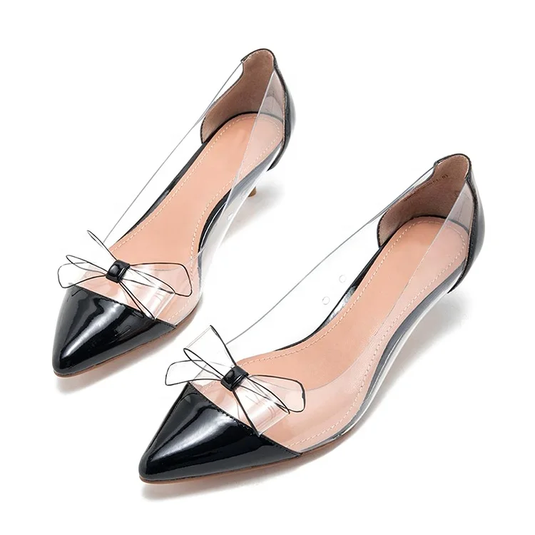 Elegant stitching patent leather mid heel transparent shoes for women