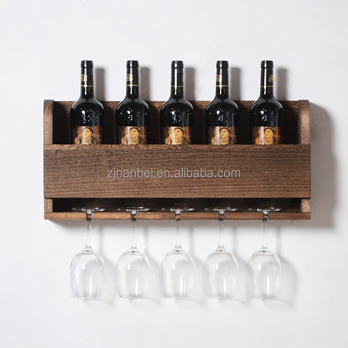2024 Best selling rustic wall mounted wine rack vintage painted wood wine and glasses shelf