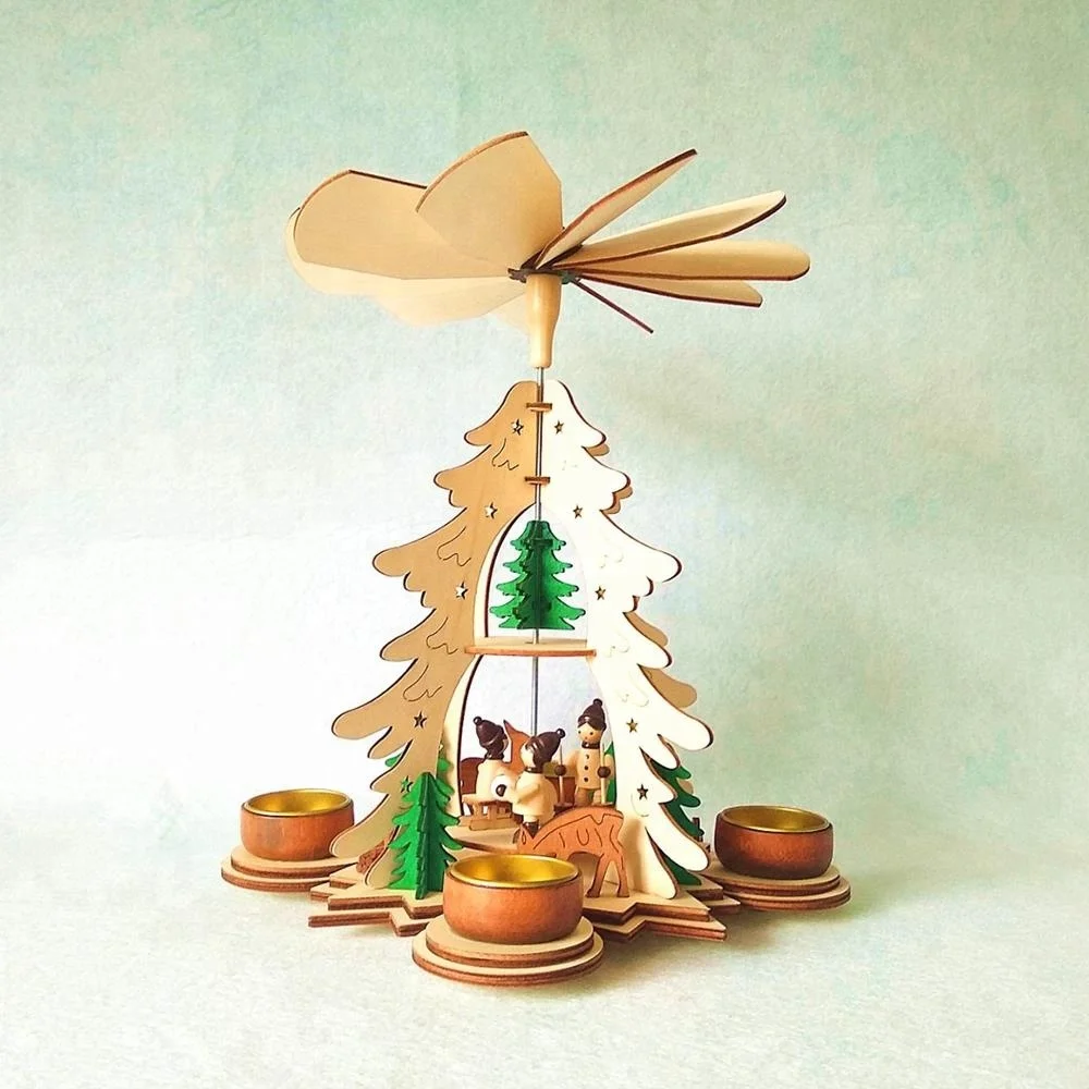 Wooden craft laser cutting Christmas pyramid decoration with tealight holders