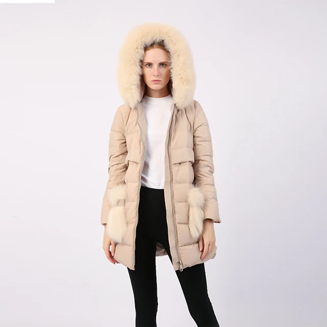Real Fur Beige Duck Down Jacket Women Fashion Big Fur Pocket Winter Quilted Coat