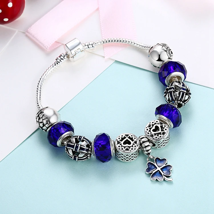 Fashion Silver Color Sapphire Glass Beads Bracelet Four Leaf Clover Enamel Metal Charm Bracelet for Women