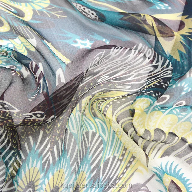 100% silk georgette with peacock feathers