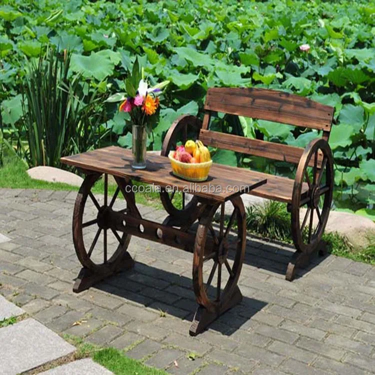 Dining Set Outdoor Patio Solid Wood Table & Bench Wooden Garden Wheels Table and wooden Wheels Bench