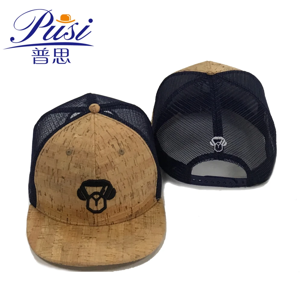 Wholesale Custom 6 Panel PU leather Brim Wood Snapback Hat Cork Cap