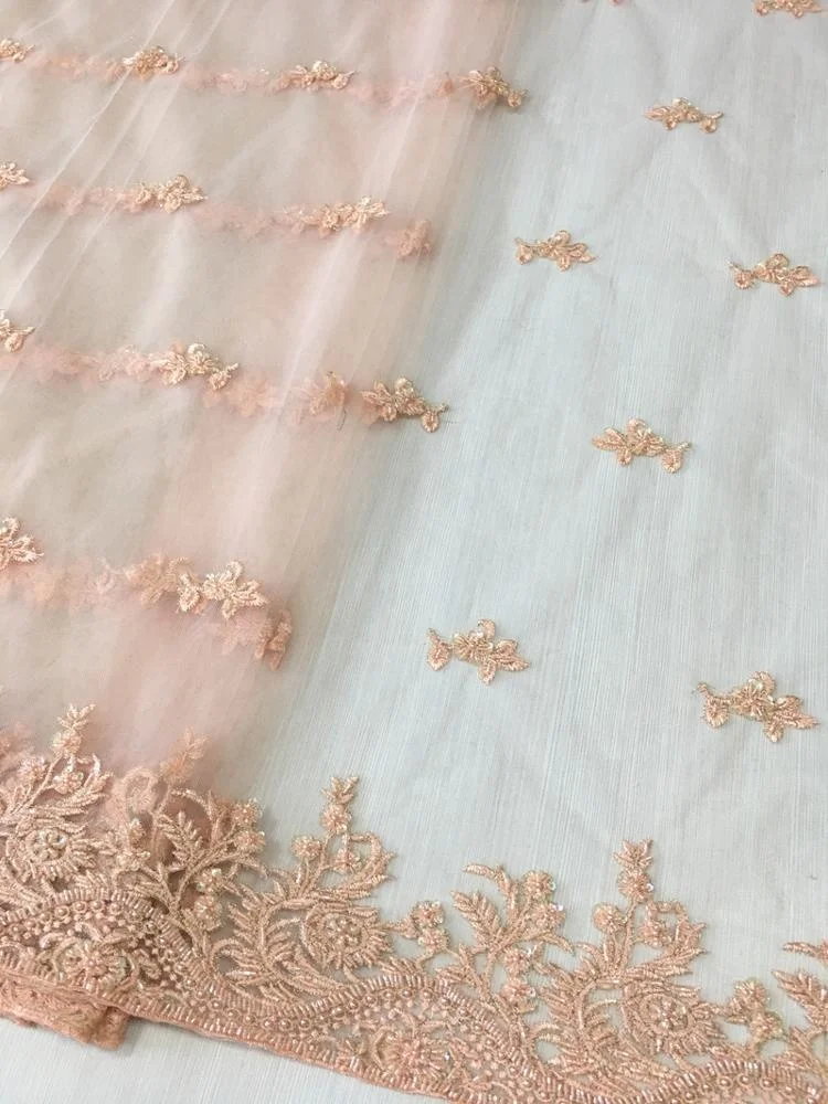 high quality peach embroidery sequin and beaded lace tulle fabric for women dress, simple designs heavy beaded fabric