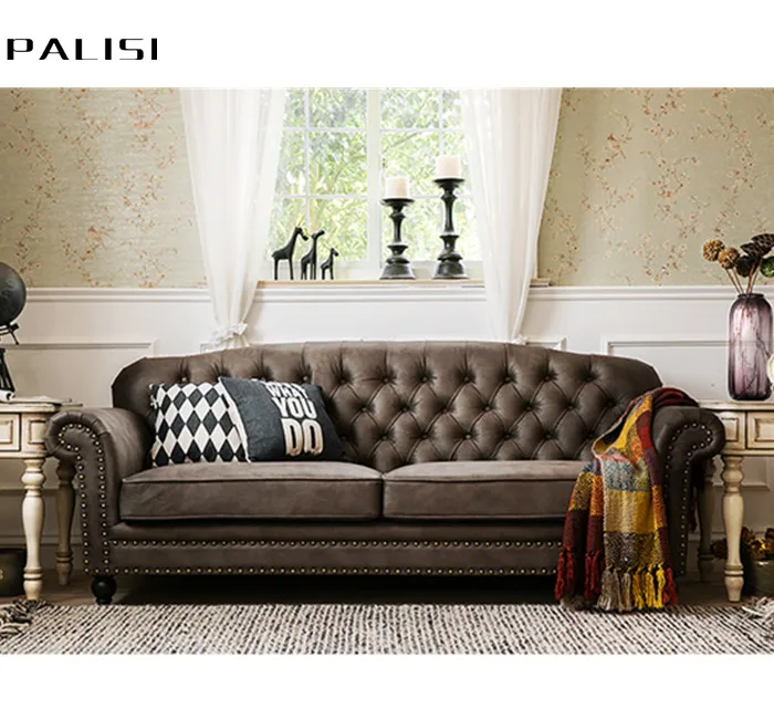 Tufted American Country Sofa Design 1 2 3 seat  Fabric Material Collocation Vintage Sofa Set Design Wood Legs