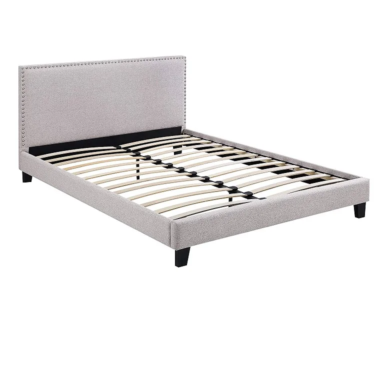 Light Grey Queen Upholstered Bed with Panel Bedframe with Studs for bed frame mattress