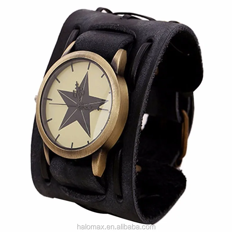 
2017 Fashion New Style Retro Punk Rock Brown Big Wide pu Leather Bracelet Cuff Men Watch 