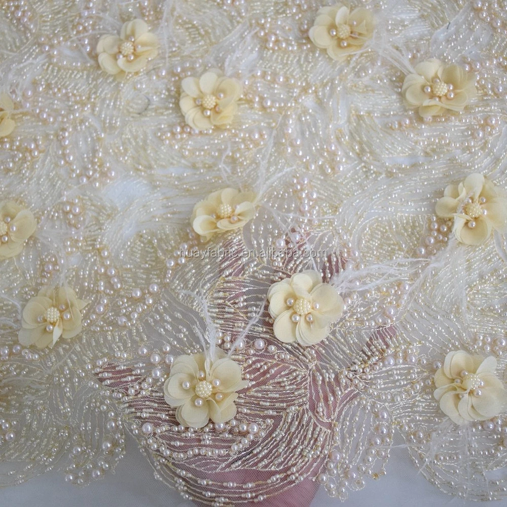 Top end luxury french 3d flower feather lace with full of pearls and beads tulle lace for wedding dress HY0730-3