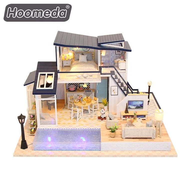 Hoomeda craft wooden doll house diy miniature Dollhouse with led light
