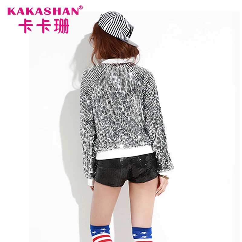 
Long Sleeve Top Hip Hop Dance Costumes Bomber Jacket Sequin Coats 