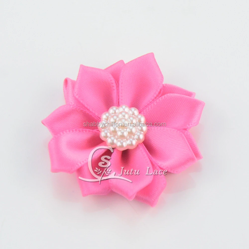 
High quality satin ribbon handmade flowers ,Pearls Center Flower In 4cm fabric sequined beaded flower 