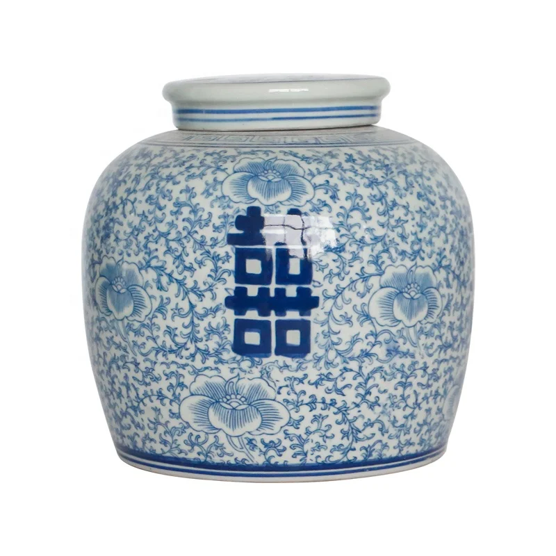Blue and white double happiness antique hand-painted ceramic jar with lid ,retro-Chinese home decoration porcelain art wholesale