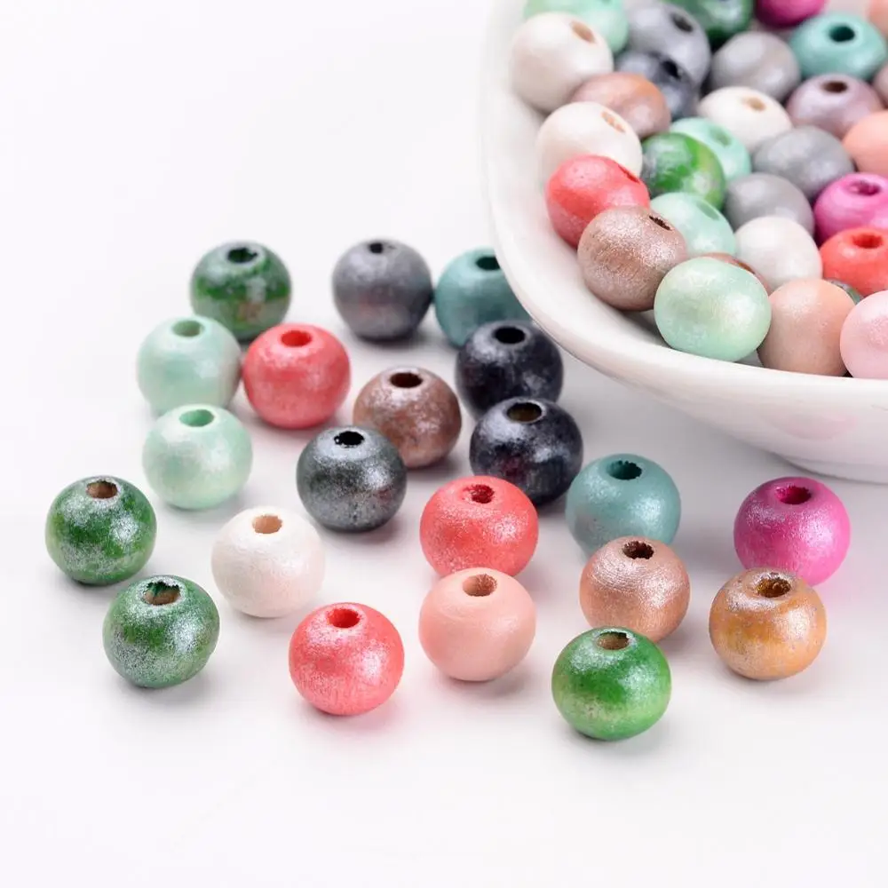 PandaHall 8mm Round Dyed Lead Free Mixed Color Wood Beads