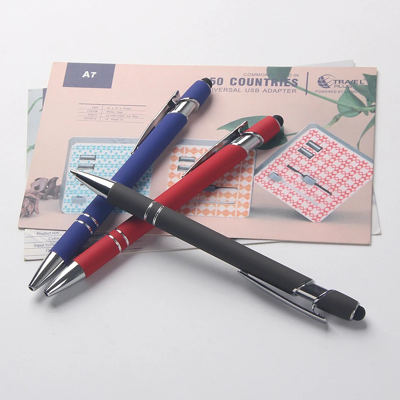 Multicolor promotion soft touch metal pen rubber coated finished pen with aluminum stylus ball pen