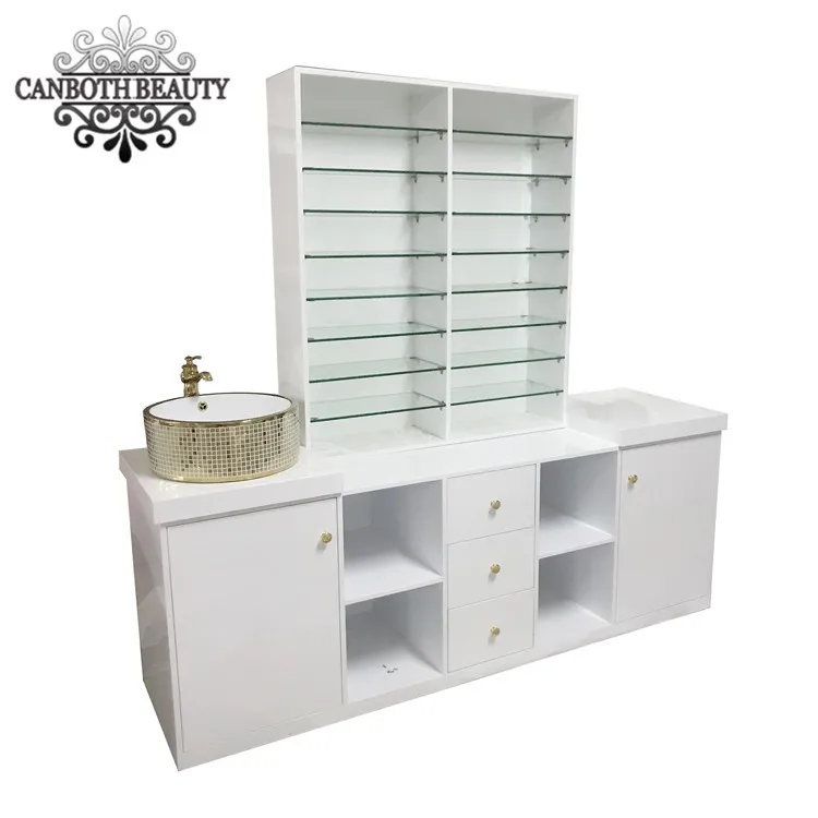 Gold double sink cabinet polish rack with glass shelf for beauty salon CB-NK013