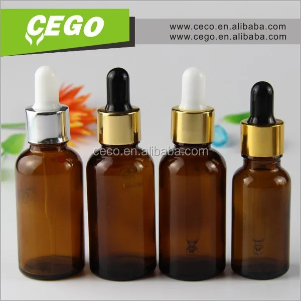 In stock! trade assurance 30 ml amber essential oil glass bottle with dropper and aluminium gold cap