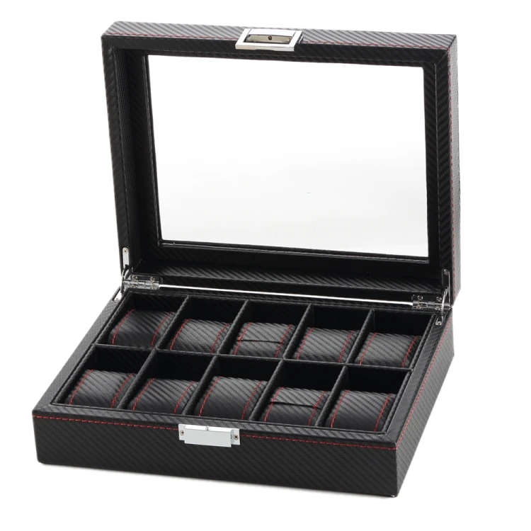 10 Slot Fashion Men Leather Carbon Fiber Luxury Black Pu Wrist Watch Organizer Display Storage Box