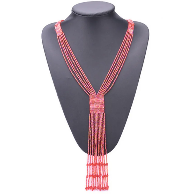 Handmade woven boho long tassel seed bead necklace popular in European