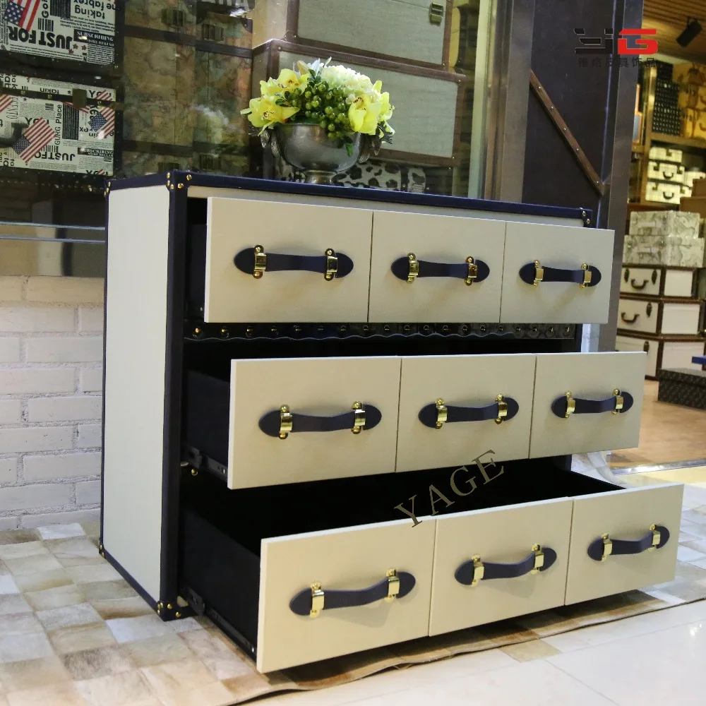 China factory direct hot sale classic wood leather cabinet with 9 DRAWERS