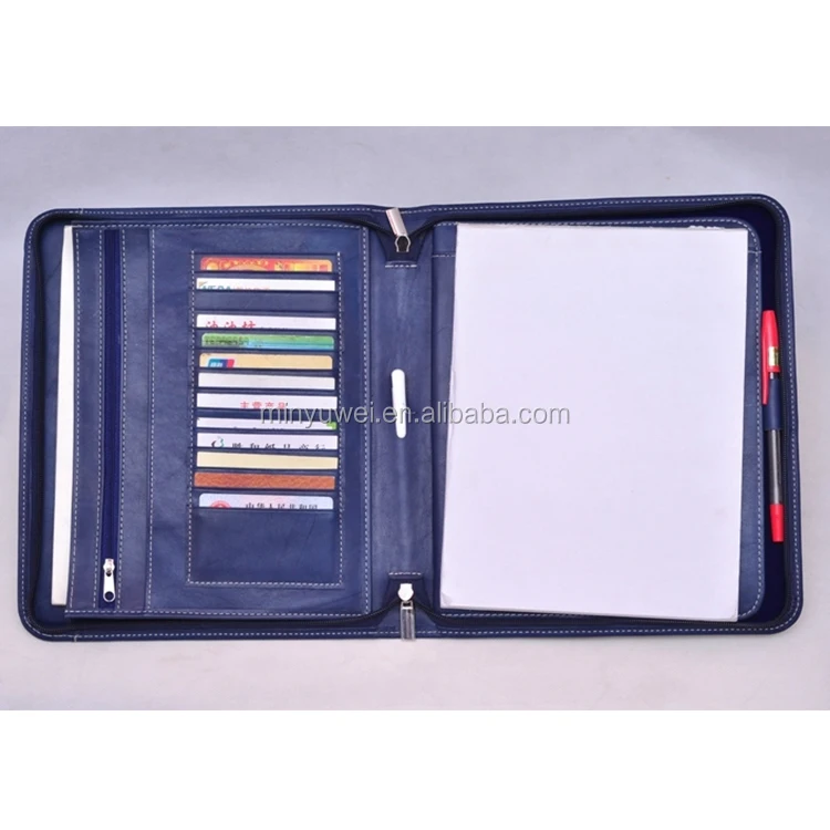
fashion blue leather Business portfolio A4 genuine leather portable briefcase zip around a4 file folder office gifts 
