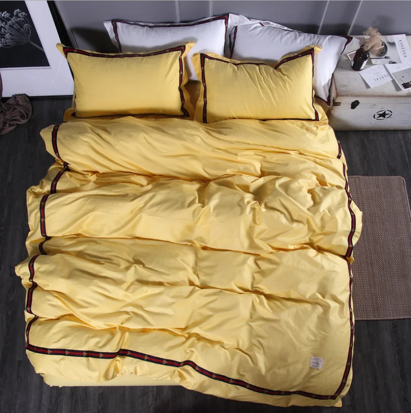 Hotel style 100 satin cotton pure cotton high-end luxury linen and duvet cover solid color four-piece bedding bedding sheets set