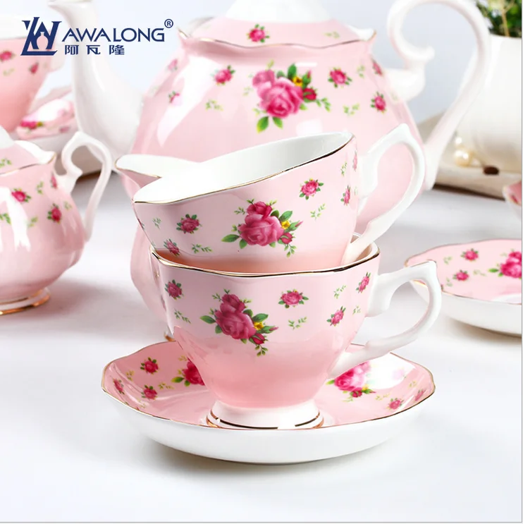 Grace tea sets with pink flower pattern Custom tea set/ Royal Style 15pcs coffee sets