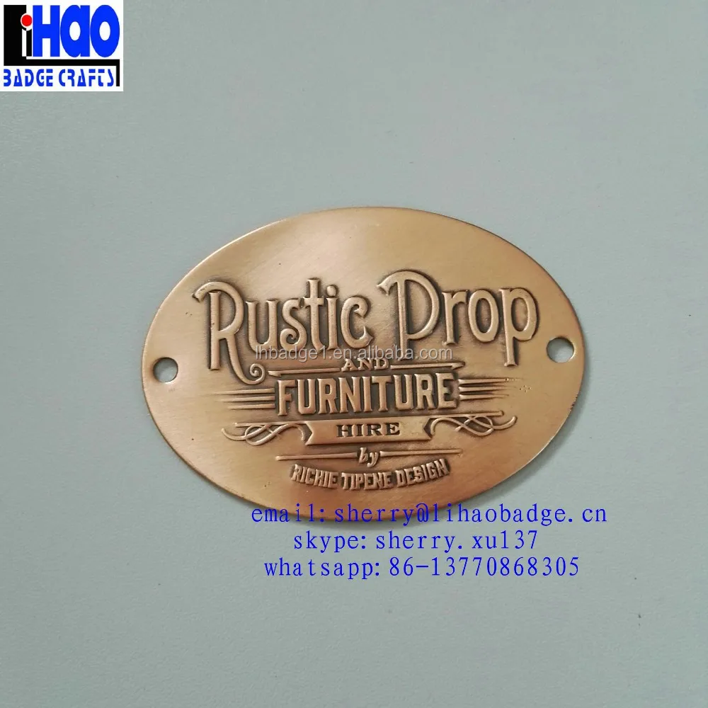 Custom embossed furniture metal brand name plate,antique copper metal door sign