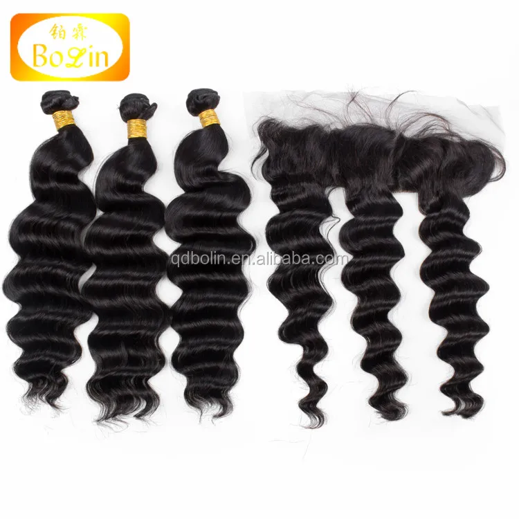 Brazilian Hair loose deep wave virgin human hair  Bundles with 13x4 Lace Frontal Closure Remy Human Hair 3 Bundles With Frontal