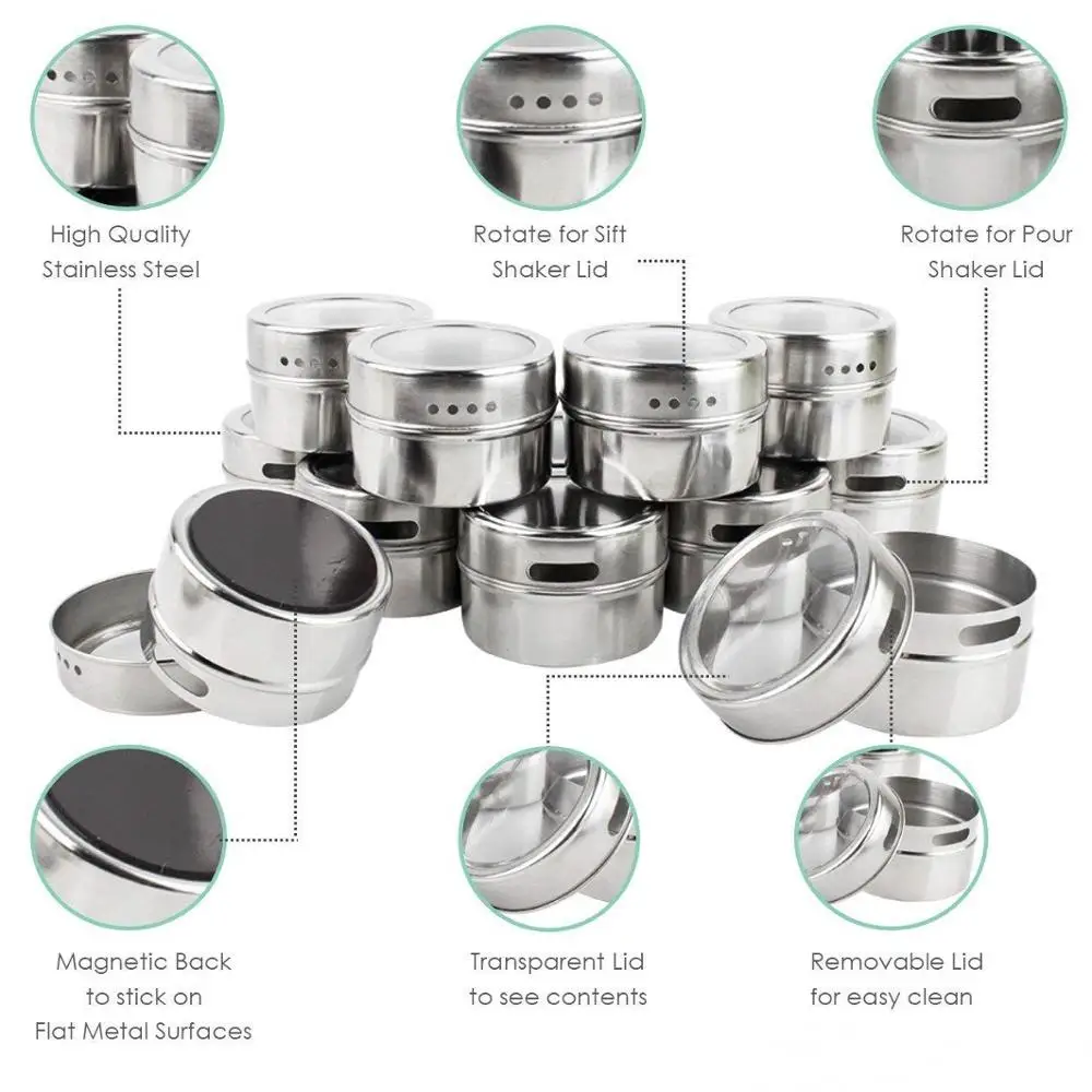 Spice Magnetic Tins Stainless Steel Sift Hinged Lids Spice Jars Seasonings Shaker , Pour Slots