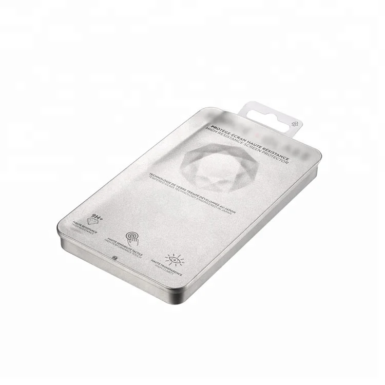 Top quality frosted tinplate metal box for tempered glass screen protector with hanger