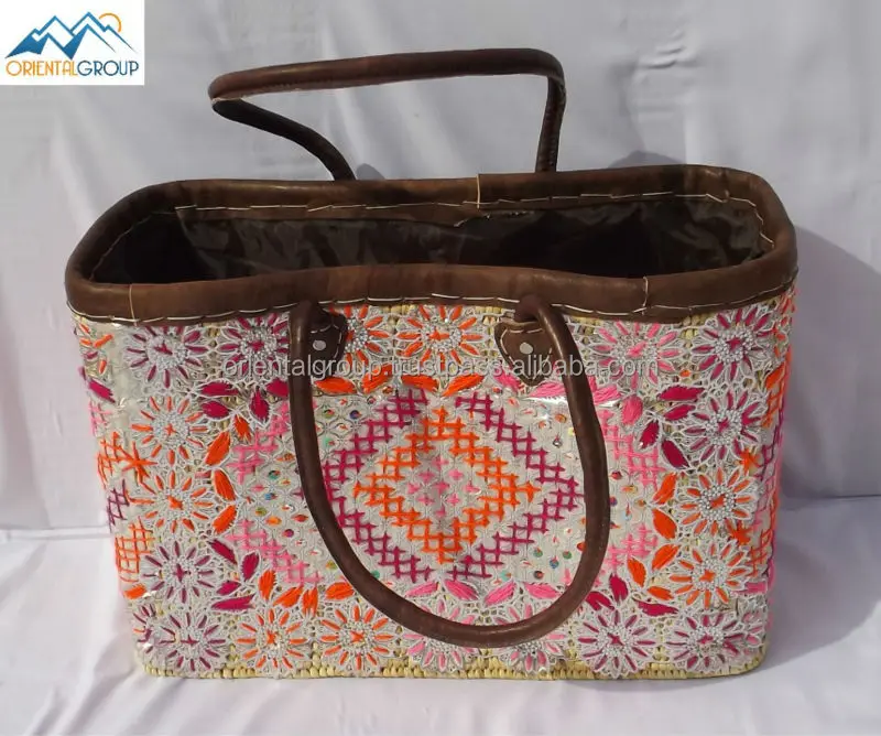 
Moroccan Handmade Pink multicolor Wicker basket 