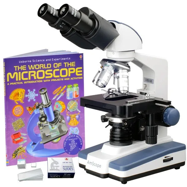 AmScope Supplies 2500X LED Lab Binocular Compound Microscope with 3D-Stage, Book & Blank Slide Set comes with microscope book &