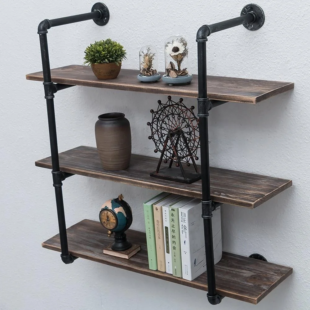 Industrial Pipe Shelves with Wood 3-Tiers,Rustic Wall Mount Shelf 36.2in,Metal Hung Bracket Bookshelf,Diy Storage Shelving