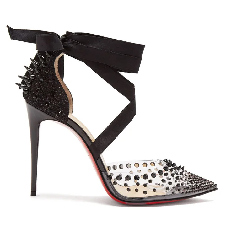 Pointed toe transparent pvc upper rivet rhinestone sandals ribbon tied ankle sandals