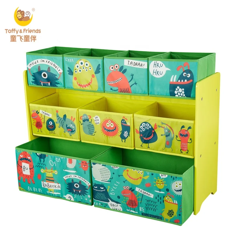 
Toffy & Friends Deluxe 9-Bin Toy Storage Organizer Wooden Toy Shelf with Fabric bins 