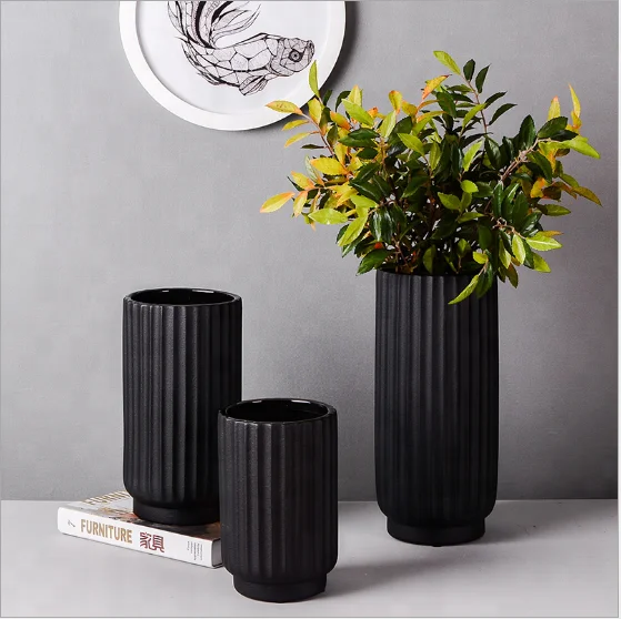 Modern minimalist ceramic vase black wide mouth flowers flower water culture flower Nordic style home decoration jewelry