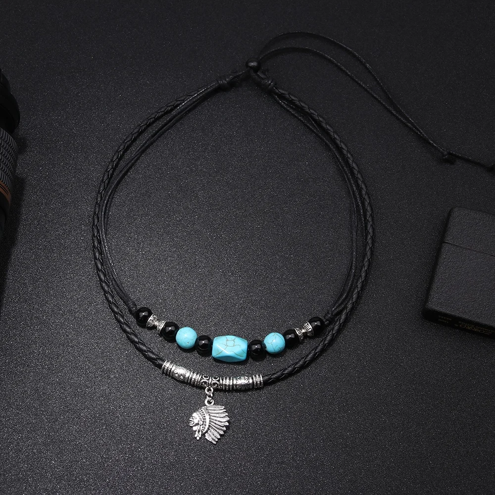 Tribal Indian Head Alloy Pendant Necklace Womens/Mens natural stone beaded necklace jewelry