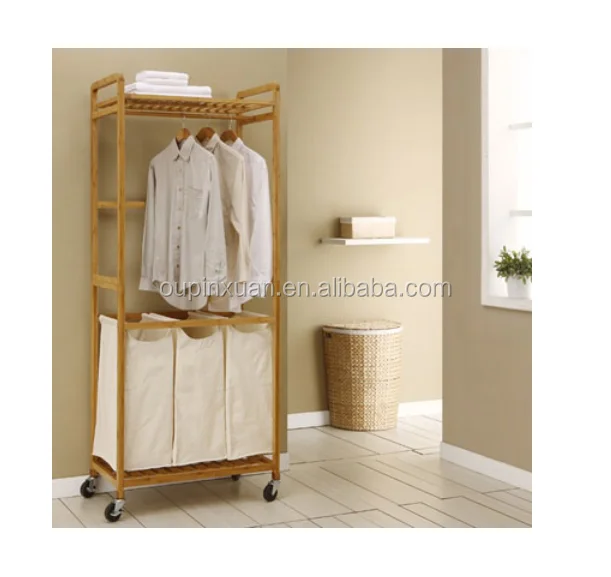 2015 New Style Bamboo laundry hamper trolley hot sale hamper basket with clothes rack