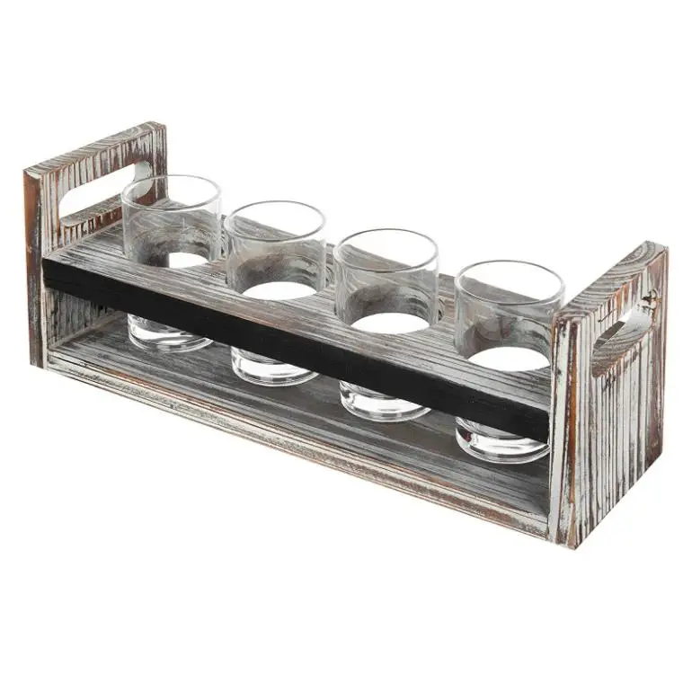 Rustic Torched Wood Craft Beer Flight Tasting Serving Tray With 4 Glasses And Chalkboard
